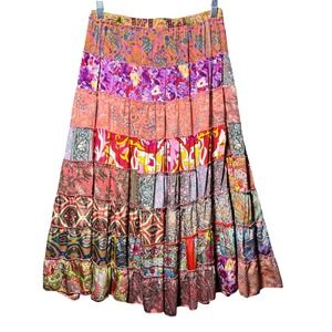 CIENNA Bohemian Patchwork Tiered Maxi Skirt Silk Polyester Blend